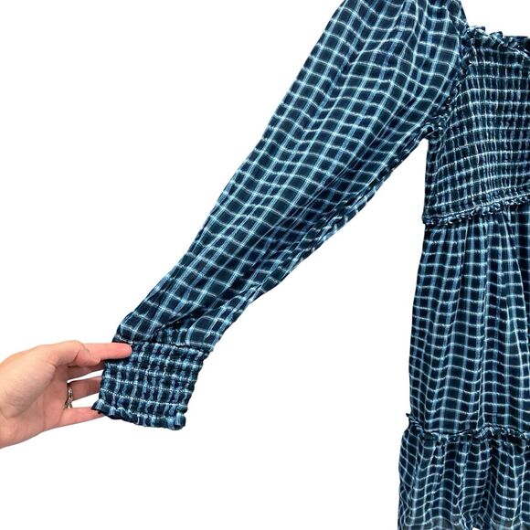 American Eagle Blue Smocked Plaid Babydoll Mini Dress Women’s Large Academia - Picture 6 of 12